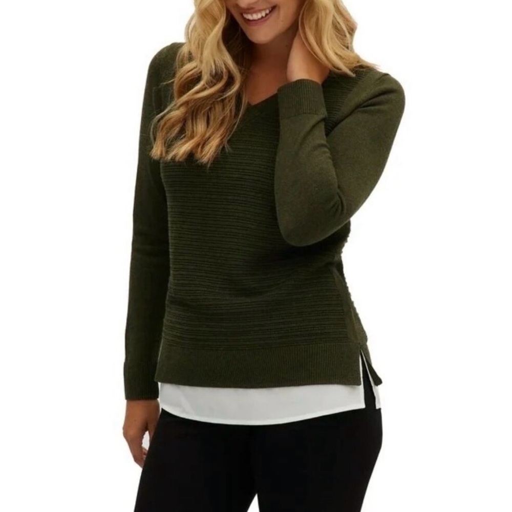 Hilary Radley Dark Green V-Neck Layered Sweater